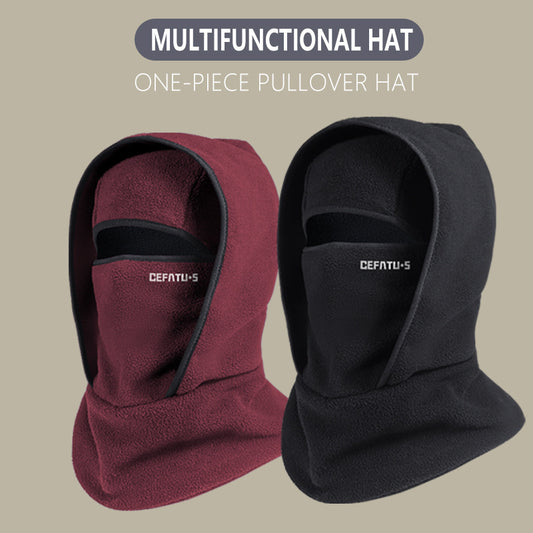 Multifunctional one-piece pullover hats in burgundy and black fleece with face covers