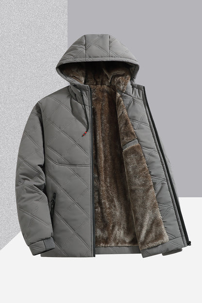 Gray quilted hooded jacket with soft brown faux fur lining and zippered pockets