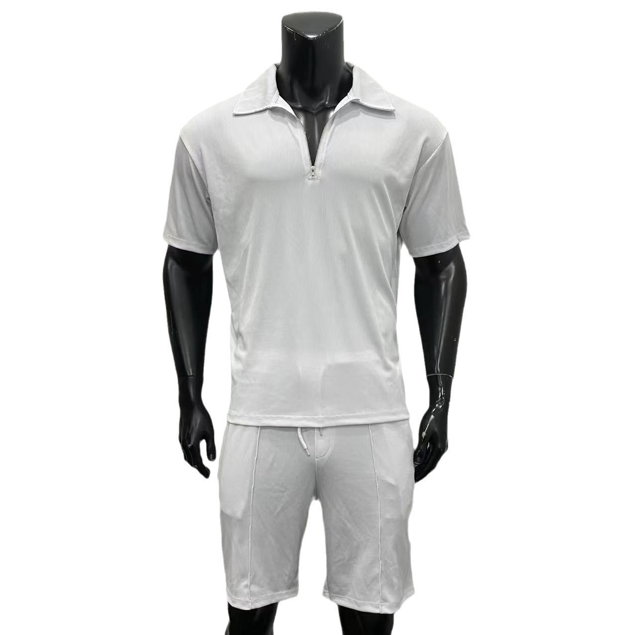 Mens Casual Suit Set | Summer Mens Clothing | Zipper Polo & Drawstring Shorts