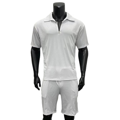 Mens Casual Suit Set | Summer Mens Clothing | Zipper Polo & Drawstring Shorts