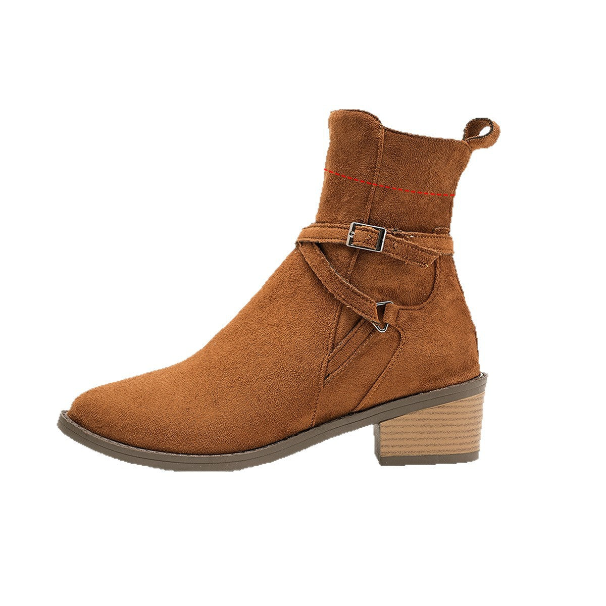 Brown suede ankle boot with low stacked heel and decorative buckle strap