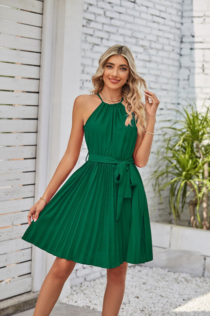 Halter Strapless Dress - Solid Color Sundress With Pleated Skirt For Summer Beach