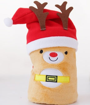 cute reindeer plush toy wearing red Santa hat with white pompom on white background