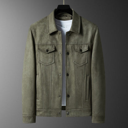 Olive green suede jacket with buttoned chest pockets over a white t-shirt on hanger