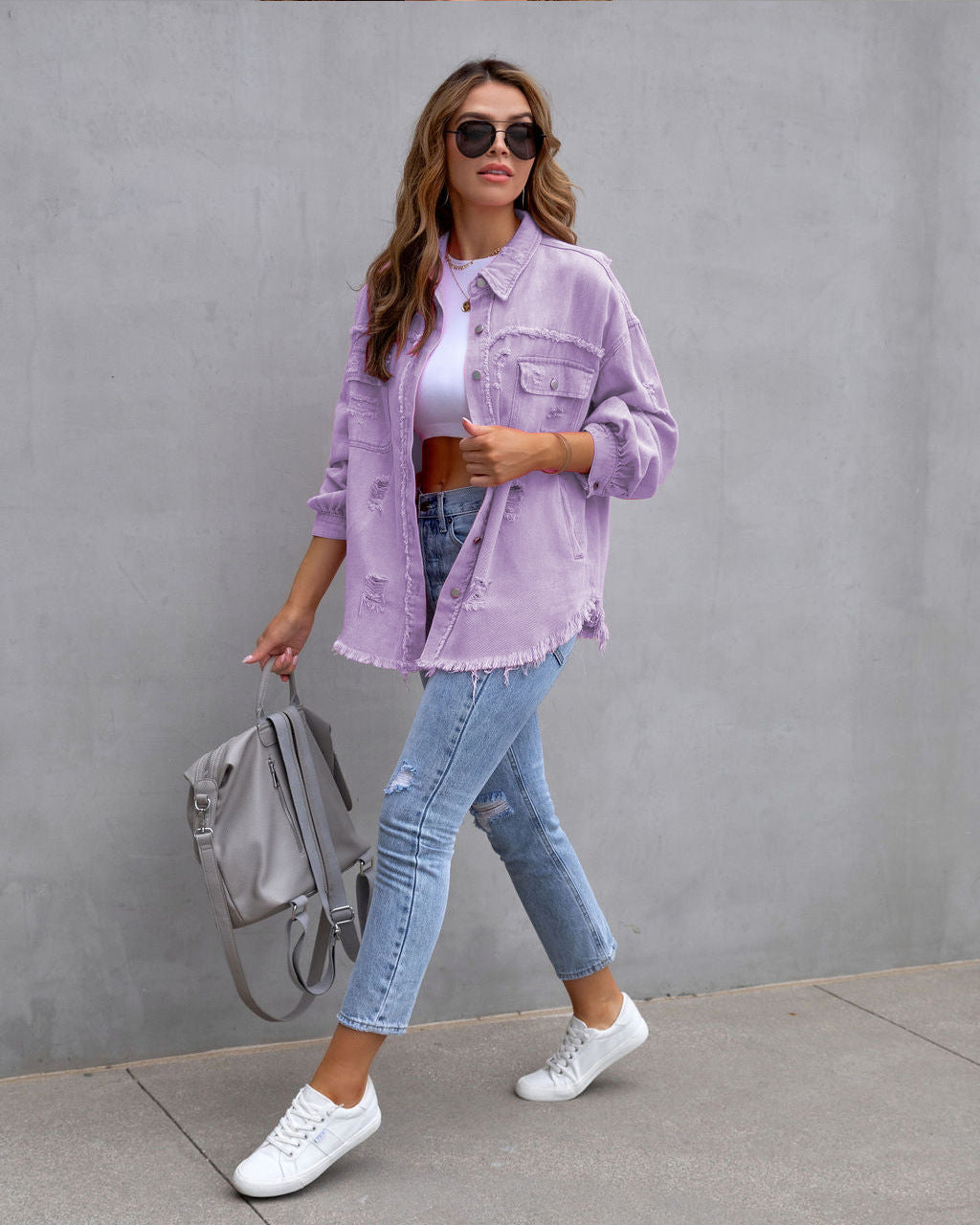 Ripped Shirt Jacket | Casual Womens Tops | Loose Fit Coat For Autumn Spring