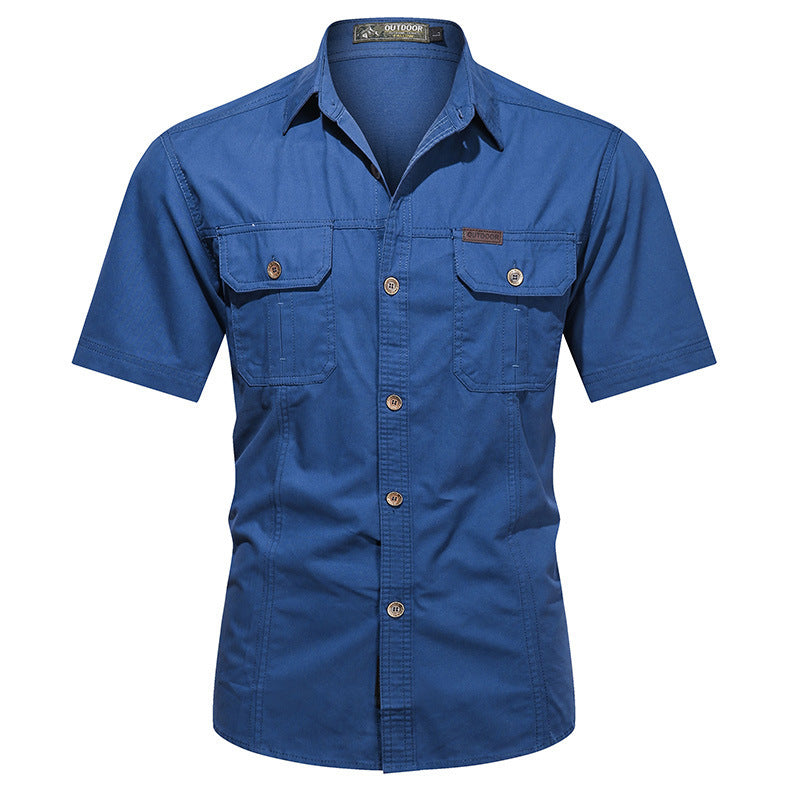 Men's short-sleeve blue outdoor shirt with button pockets and collar