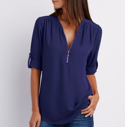 Zip V-Neck Shirt Women - Loose Short Sleeve Tops, Breathable Dacron Fabric