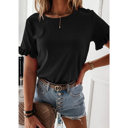 Ruffled Round Neck Top - Loose Fit Short Sleeve Blouse With Lotus Leaf Sleeve