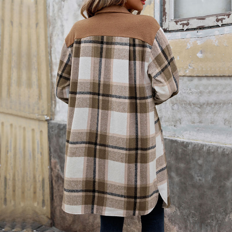 Plaid Long Coat - Women's Winter Jacket With Pockets, Loose Fit & Medium Thickness