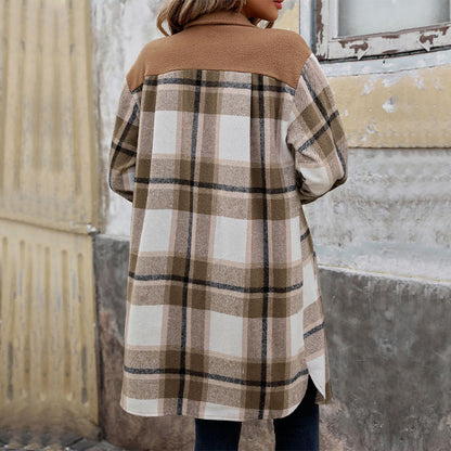 Plaid Long Coat - Women's Winter Jacket With Pockets, Loose Fit & Medium Thickness