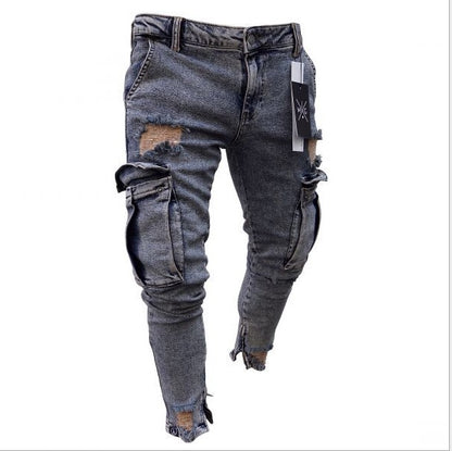 Cargo Hole Denim Jeans | Men's Skinny Cotton Tapered Pants Light Blue