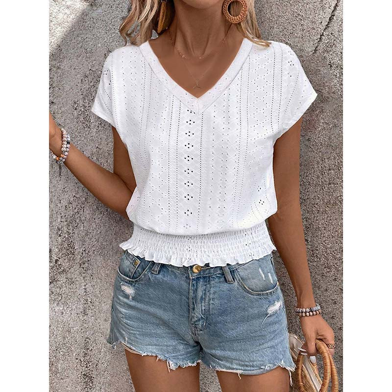 Women Summer Eyelet Top - Casual V Neck Blouse With Smocked Elastic Hem