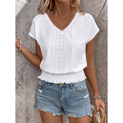 Women Summer Eyelet Top - Casual V Neck Blouse With Smocked Elastic Hem