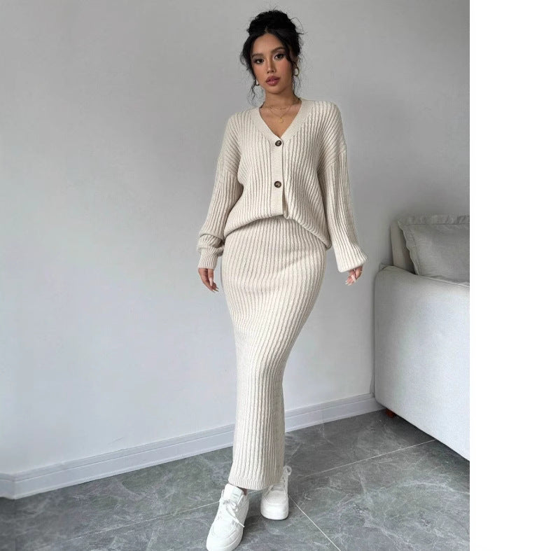 Women's Sweater Skirt Set - Casual Solid Color Two Piece Apricot Cardigan & Midi Skirt