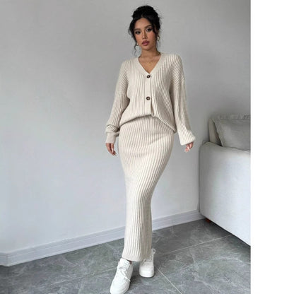 Women's Sweater Skirt Set - Casual Solid Color Two Piece Apricot Cardigan & Midi Skirt