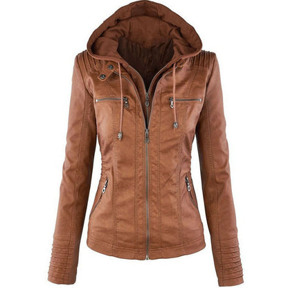 Detachable Hooded Jacket - Casual PU Leather Coat With Pockets, Long Sleeve