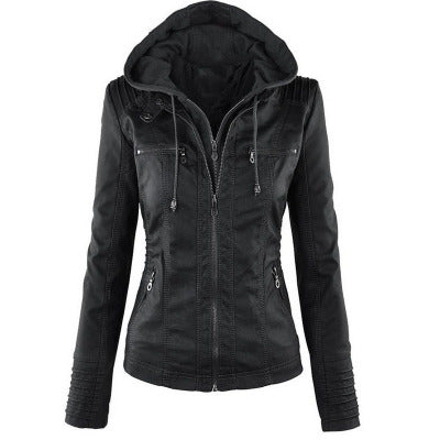 Detachable Hooded Jacket - Casual PU Leather Coat With Pockets, Long Sleeve