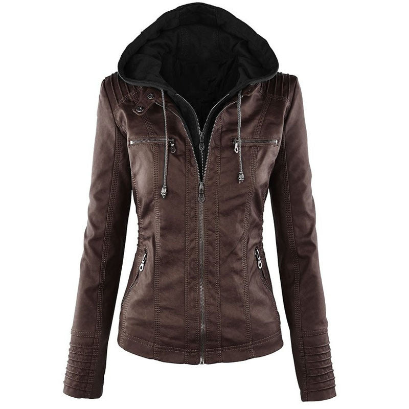 Detachable Hooded Jacket - Casual PU Leather Coat With Pockets, Long Sleeve