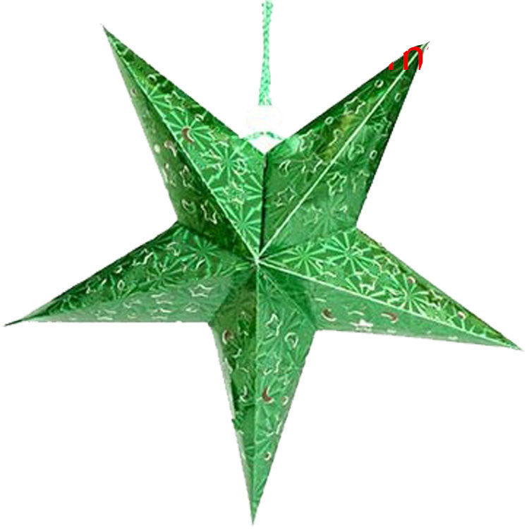 Green paper star lantern with holiday patterns hanging decoration