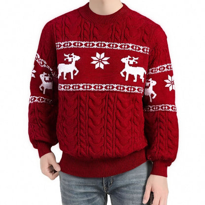 Red Christmas sweater with white reindeer and snowflake patterns, worn with blue jeans