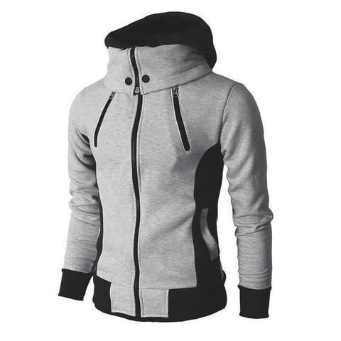 Grey and black zip-up hoodie with high collar and vertical zip pockets on white background