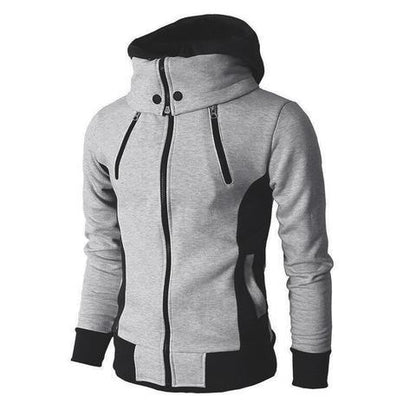 Grey and black zip-up hoodie with high collar and vertical zip pockets on white background