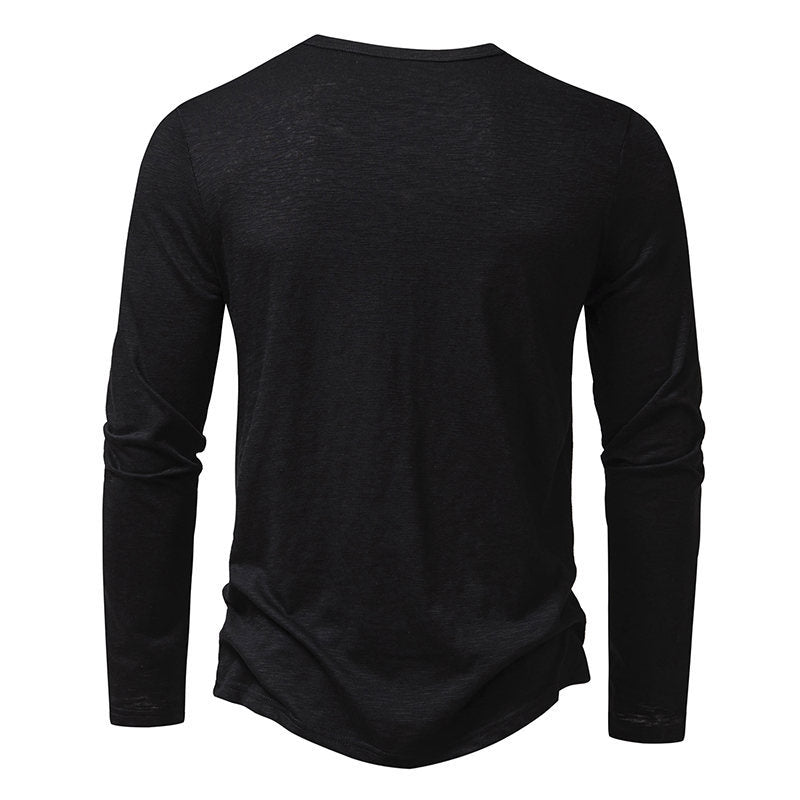 Back view of a plain black long-sleeve shirt on white background, casual men's top