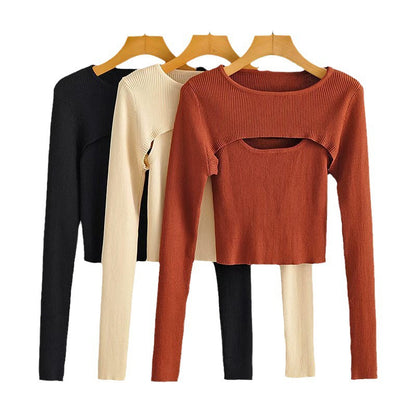 Women's Solid Color Versatile Slim Layering Short Long Sleeve Knit Sweater