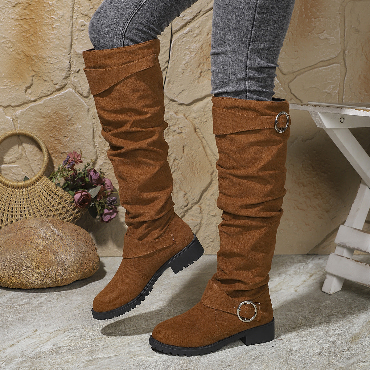 High Top Riding Boots – Warm Suede Winter Pleated Buckle Footwear