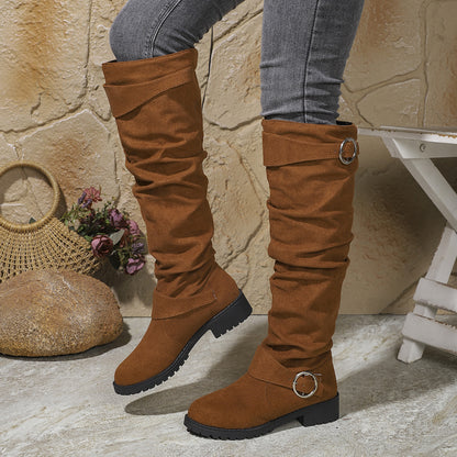 High Top Riding Boots – Warm Suede Winter Pleated Buckle Footwear