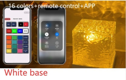 Smartphone app controlling a glowing yellow textured cube light with 16 colors and remote control