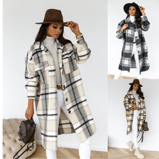Woolen Coat - Casual Plaid Medium Length Button Front Outerwear