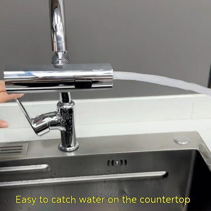 Modern chrome kitchen faucet with water flowing into stainless steel sink on white countertop