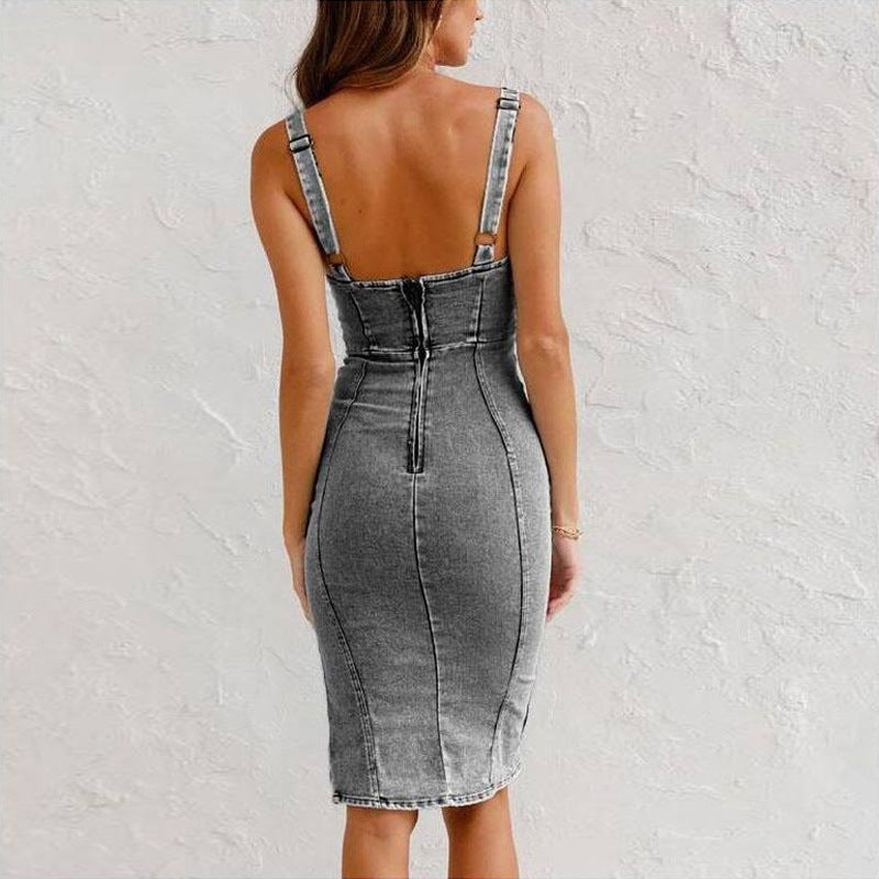 Denim Dress Slim Fit With Slit | Summer Casual Sleeveless Cotton Dress