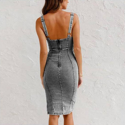 Denim Dress Slim Fit With Slit | Summer Casual Sleeveless Cotton Dress