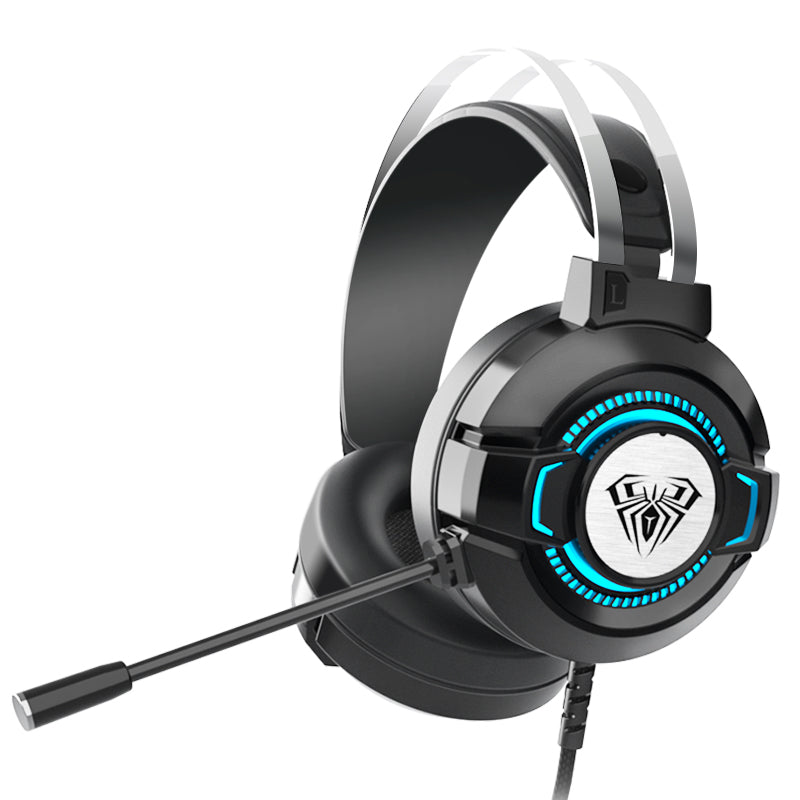 Black gaming headset with blue LED lights and adjustable microphone on white background