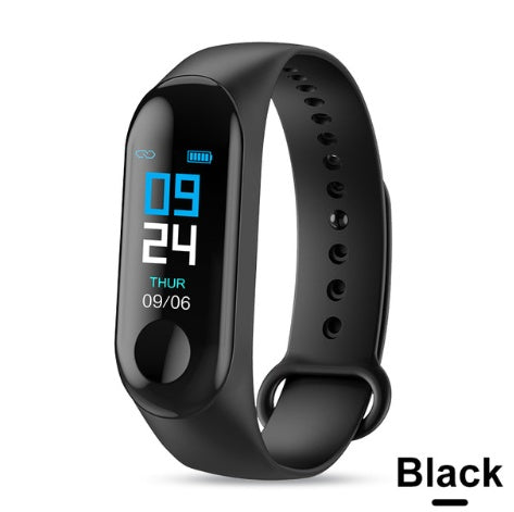 Black fitness tracker smartwatch with digital time, date, and battery display on curved screen
