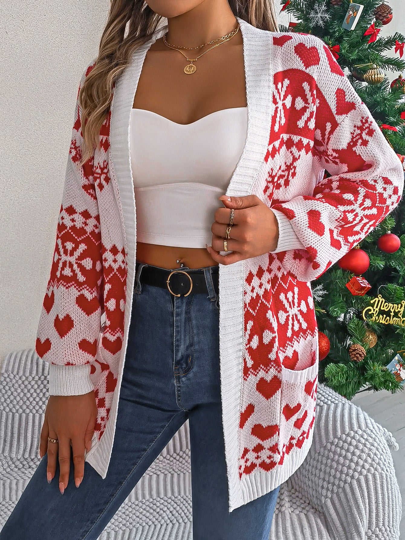 Christmas Cardigan Sweater - Women's Lantern Sleeve Knitwear With Festive Deer Print