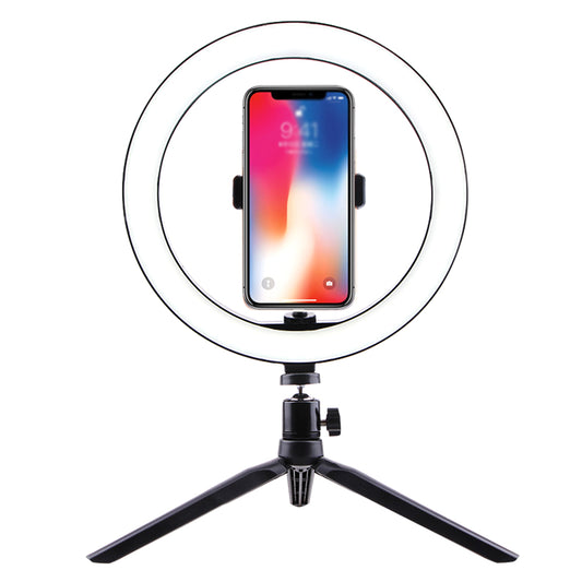 LED ring light with smartphone mount and black tripod stand on white background