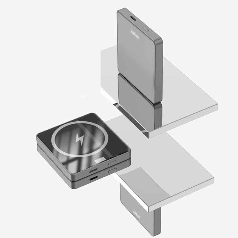 Sleek gray wireless charger with lightning symbol and two matching slim power banks on reflective surfaces