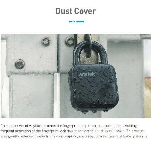 Black Anytek fingerprint padlock with dust cover, water droplets on lock, mounted on metal latch