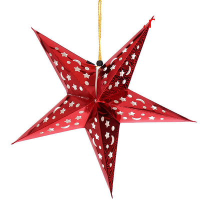 Red metallic star-shaped hanging lantern with moon and star cutouts for festive decor