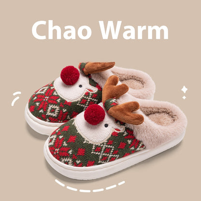Women's Cotton Slippers – Plush Non Slip Christmas Elk Footwear With PVC Sole