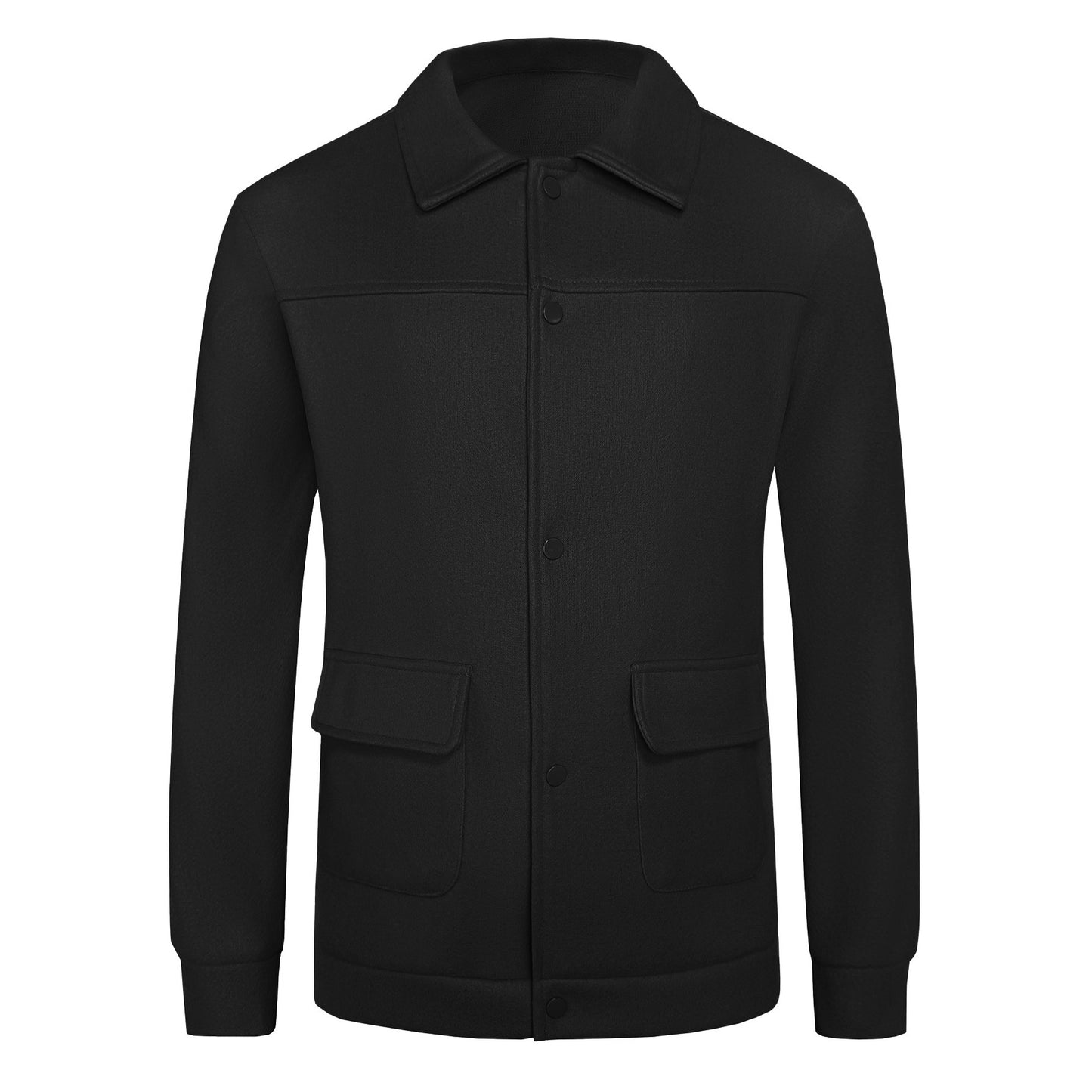Black button-up wool jacket with collar and flap pockets on front