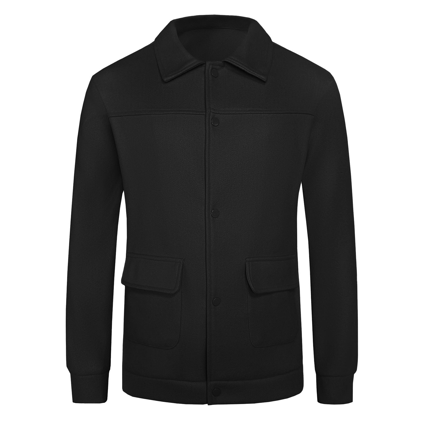 Black button-up wool jacket with collar and flap pockets on front