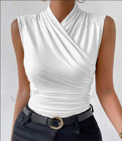Summer Sleeveless Tank - Women's Solid Color Crisscross Pleated Top