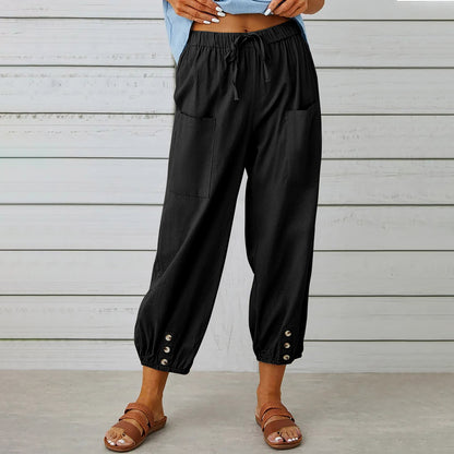 Cotton Linen Pants - Women's Drawstring Waist Trousers With Pockets & Buttons