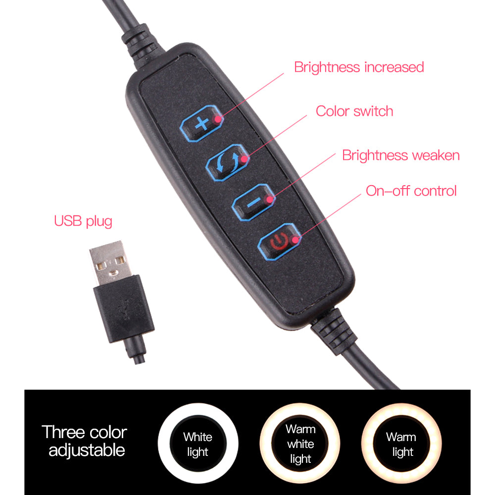 USB plug controller with buttons for brightness increase, color switch, brightness decrease, and on-off control for adjustable ring light colors