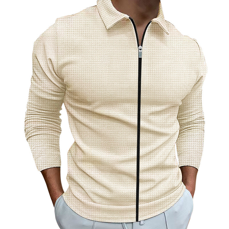 Men's Zipped Jacket Waffle Style Slim Fit Outdoor Sports Top With Lapel Collar