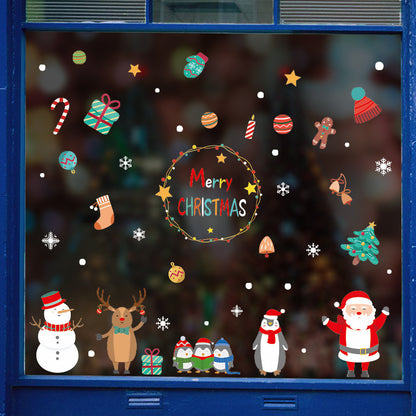 Christmas window decal with Santa, snowman, reindeer, penguins, ornaments, gifts, and festive text Merry Christmas
